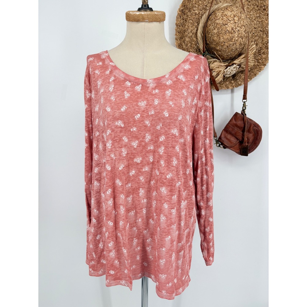 C&C California‎ 2X Misty Rose Floral Print Long Sleeve Tunic Tee  Shirt Top